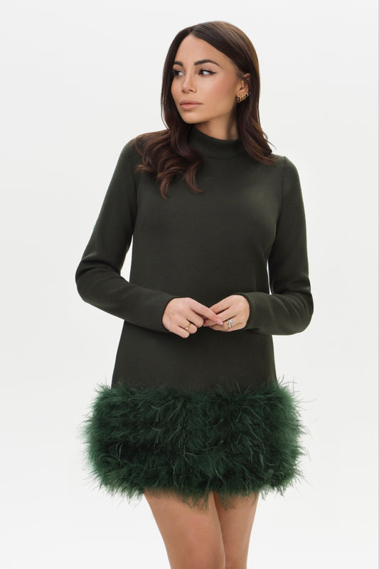 Olivia – Abito in Lana con Piume Verde