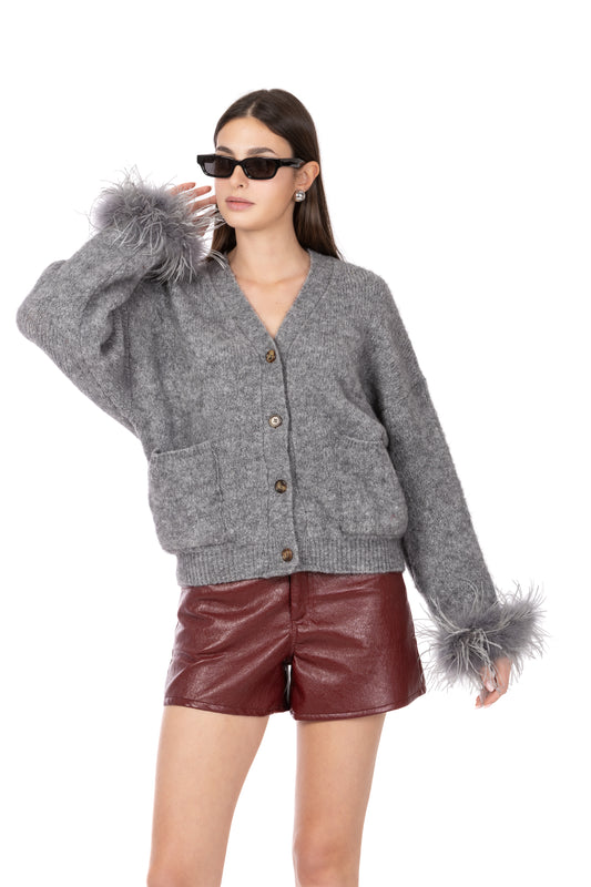 Sylvie – Cardigan Mohair con Piume Removibili Grigio