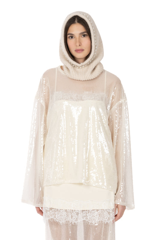 Nacre – Maglia Maniche Ampie Full Paillettes Burro