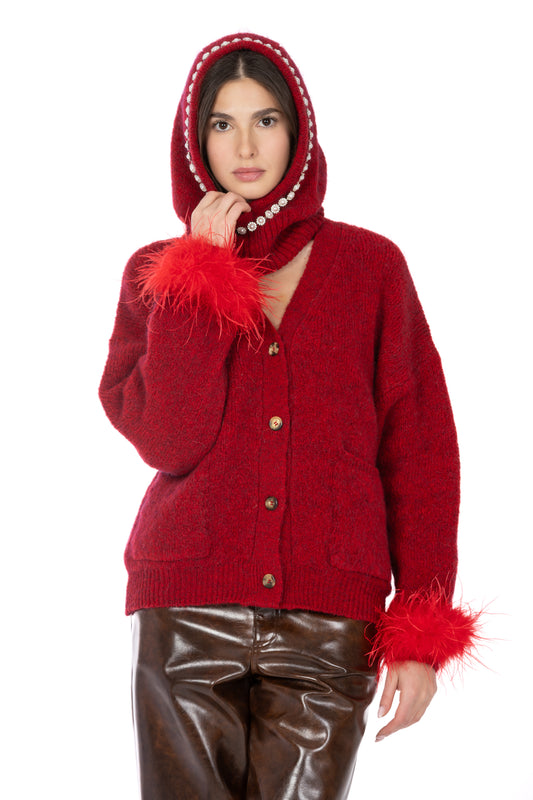 Sylvie – Cardigan Mohair con Piume Removibili Red Flame