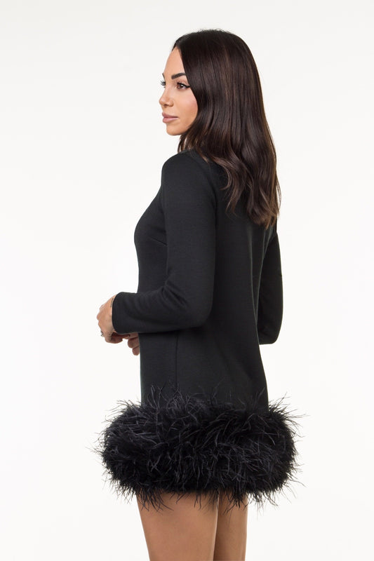 Olivia – Abito in Lana con Piume Nero