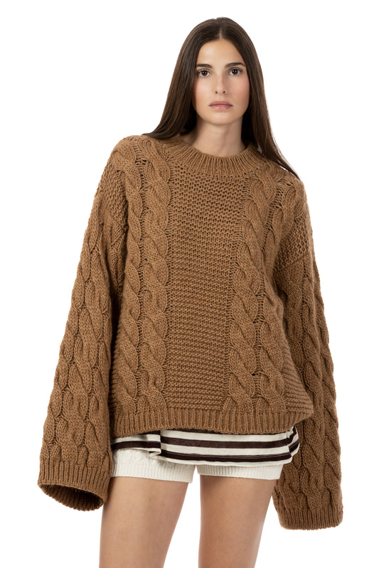 Anima – Maglione a Trecce Girocollo Cammello