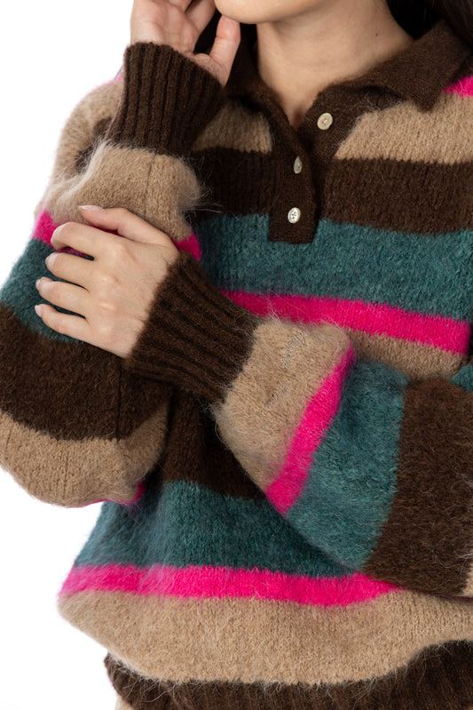 Charlie – Polo a Righe in Mohair Cammello/Petrolio/Fucsia/Marrone