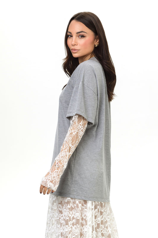 Lace - T-shirt Oversize Lace Grigio