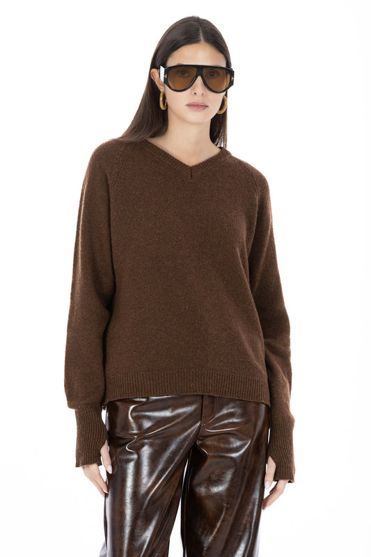 Léonie – Maglia Scollo V con Manicotto Cioccolato