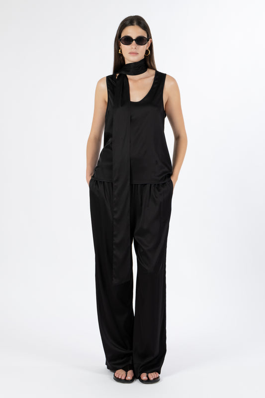 Sofia — Coordinato Canotta e Pantalone Satin con Foulard Nero
