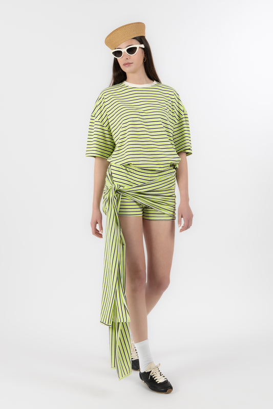 Lola Draped – Set in Maglia a Righe con Pareo Matcha