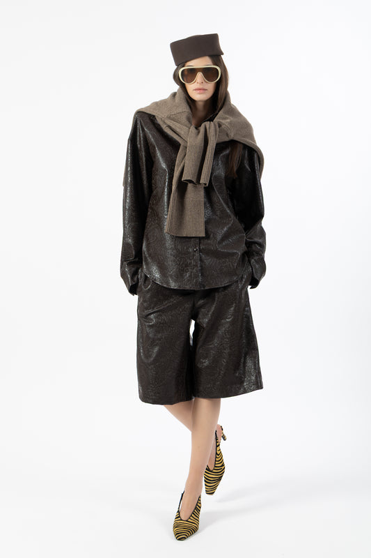 Sienna — Camicia Oversize Effetto Pelle Cashmere Marrone