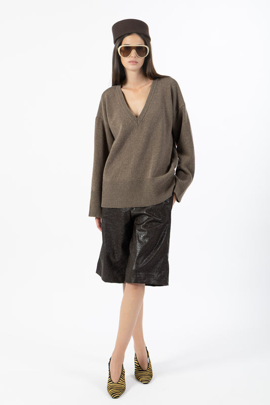 Alma — Maglione in Lana con Scollo a V Taupe