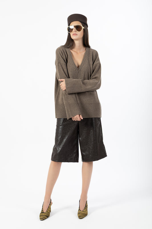 Alma — Maglione in Lana con Scollo a V Taupe