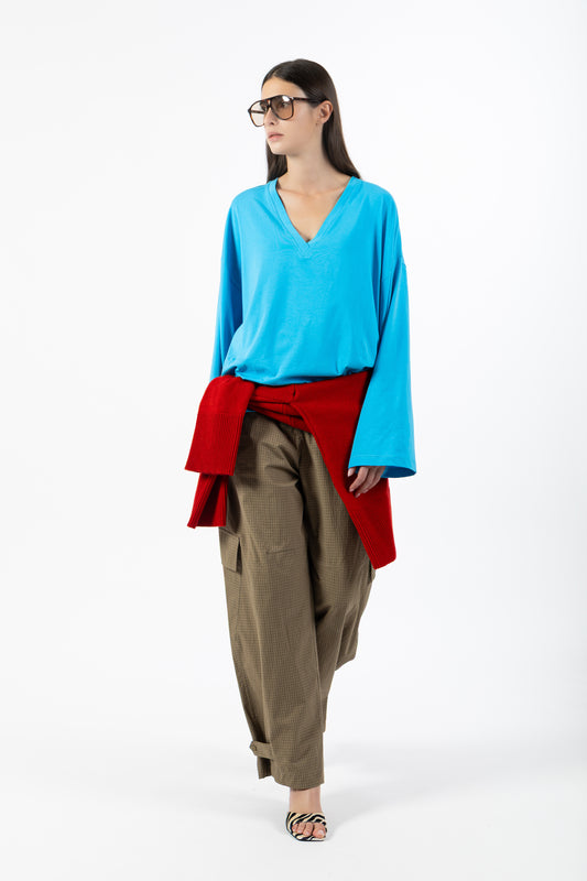 Nacre — Maglia Oversize Maniche Ampie con Scollo a V Turchese