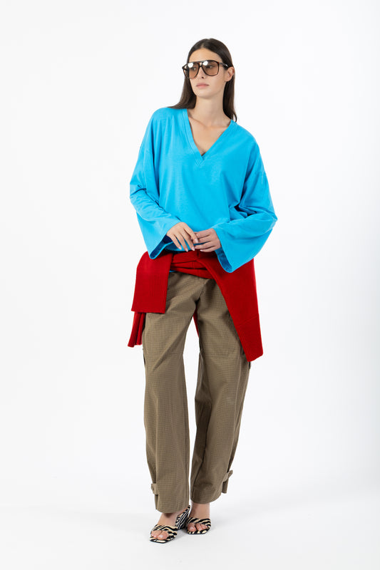 Nacre — Maglia Oversize Maniche Ampie con Scollo a V Turchese