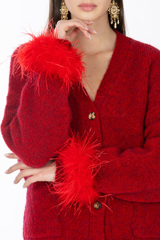 Sylvie – Cardigan Mohair con Piume Removibili Red Flame