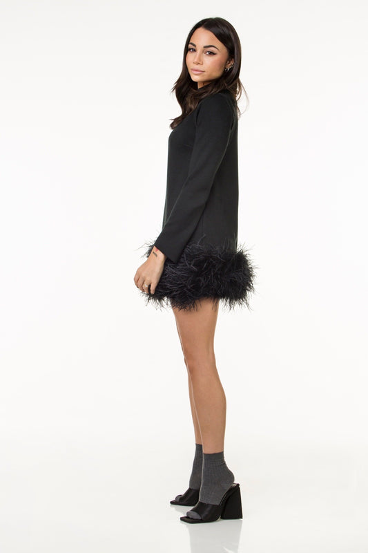 Olivia – Abito in Lana con Piume Nero