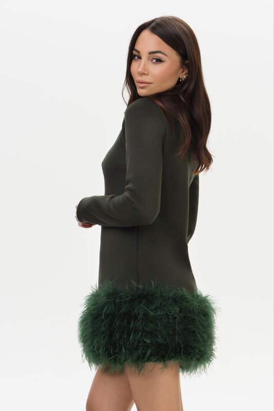 Olivia – Abito in Lana con Piume Verde