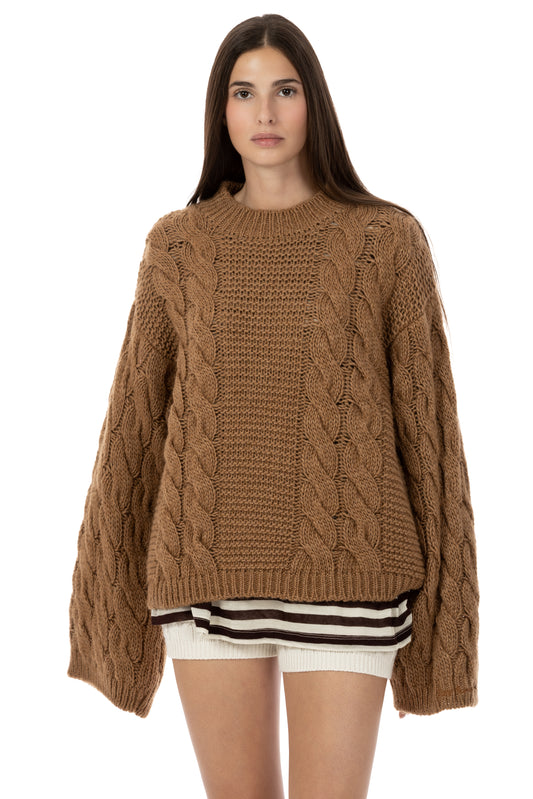 Anima – Maglione a Trecce Girocollo Cammello