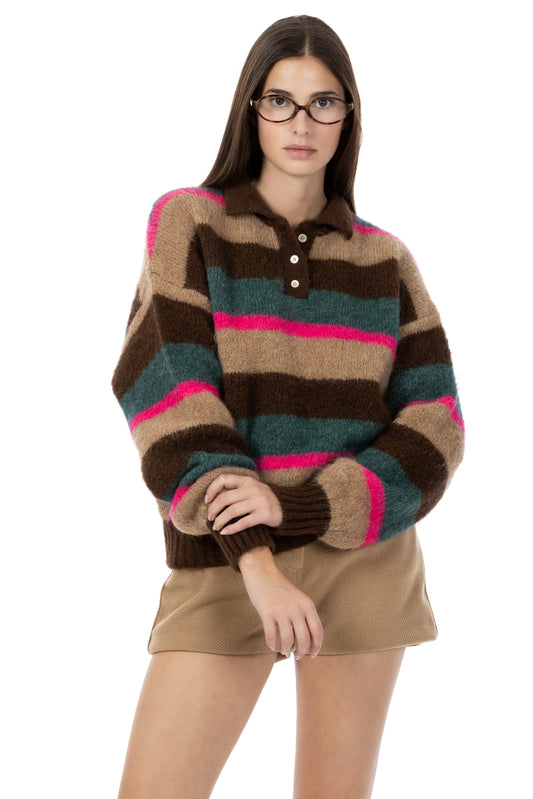 Charlie – Polo a Righe in Mohair Cammello/Petrolio/Fucsia/Marrone