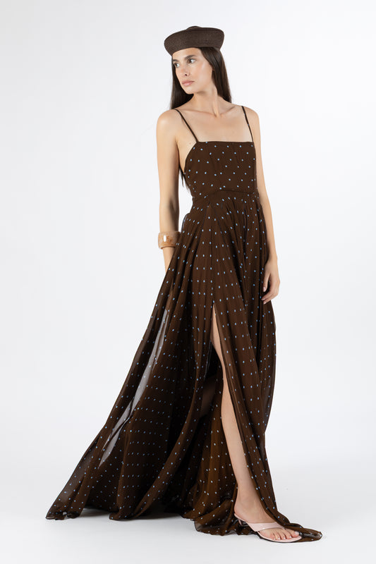 Capri — Abito in Georgette Cioccolato & Pois Azzurro