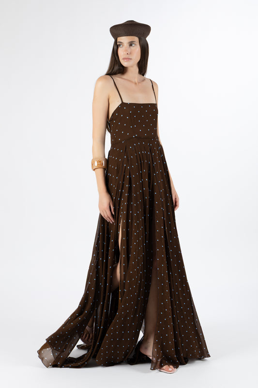 Capri — Abito in Georgette Cioccolato & Pois Azzurro