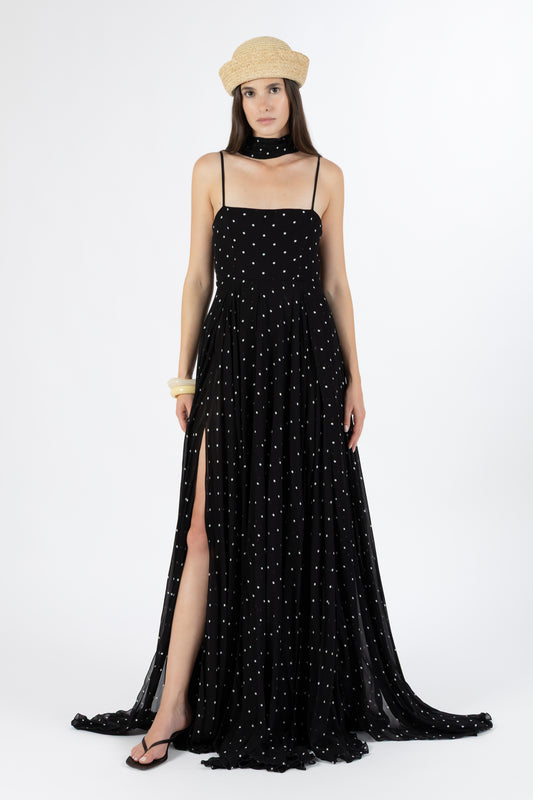 Capri — Abito in Georgette Pois Nero & Burro