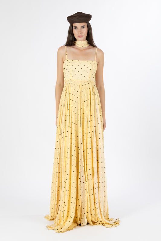 Capri — Abito in Georgette Giallo Chiaro & Pois Cioccolato