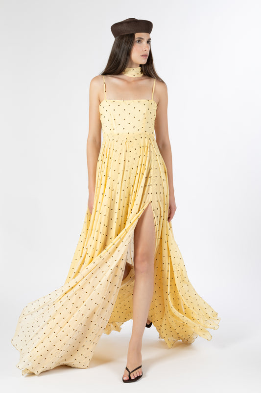 Capri — Abito in Georgette Giallo Chiaro & Pois Cioccolato