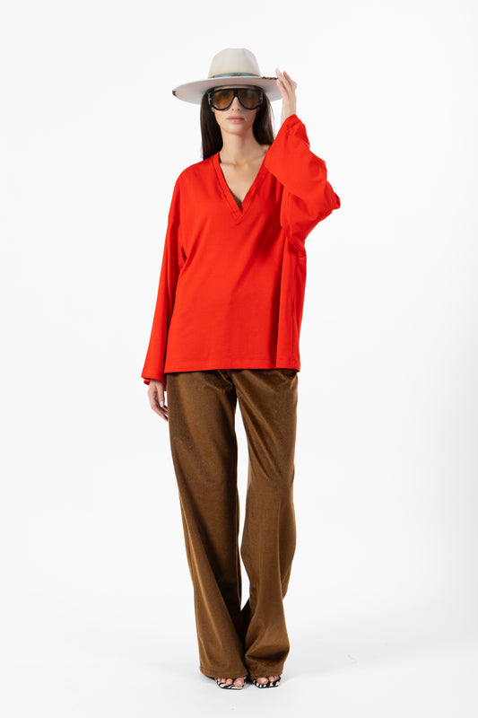 Nacre — Maglia Oversize Maniche Ampie con Scollo a V Rossa