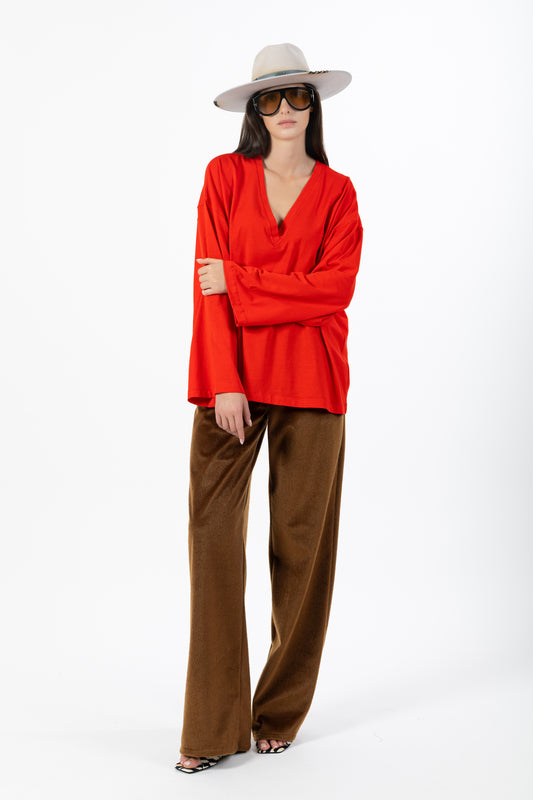 Nacre — Maglia Oversize Maniche Ampie con Scollo a V Rossa