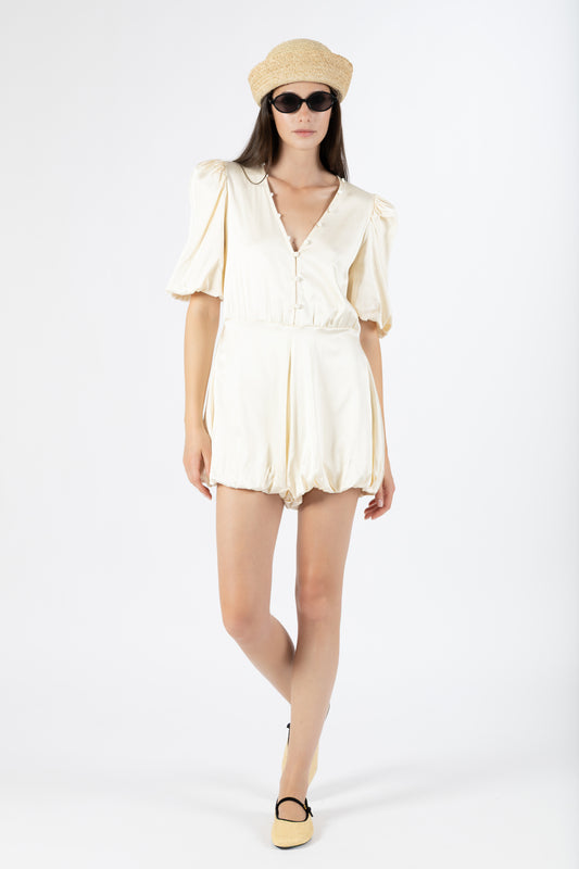 Luna — Tutina Satin con Maniche a Palloncino Burro
